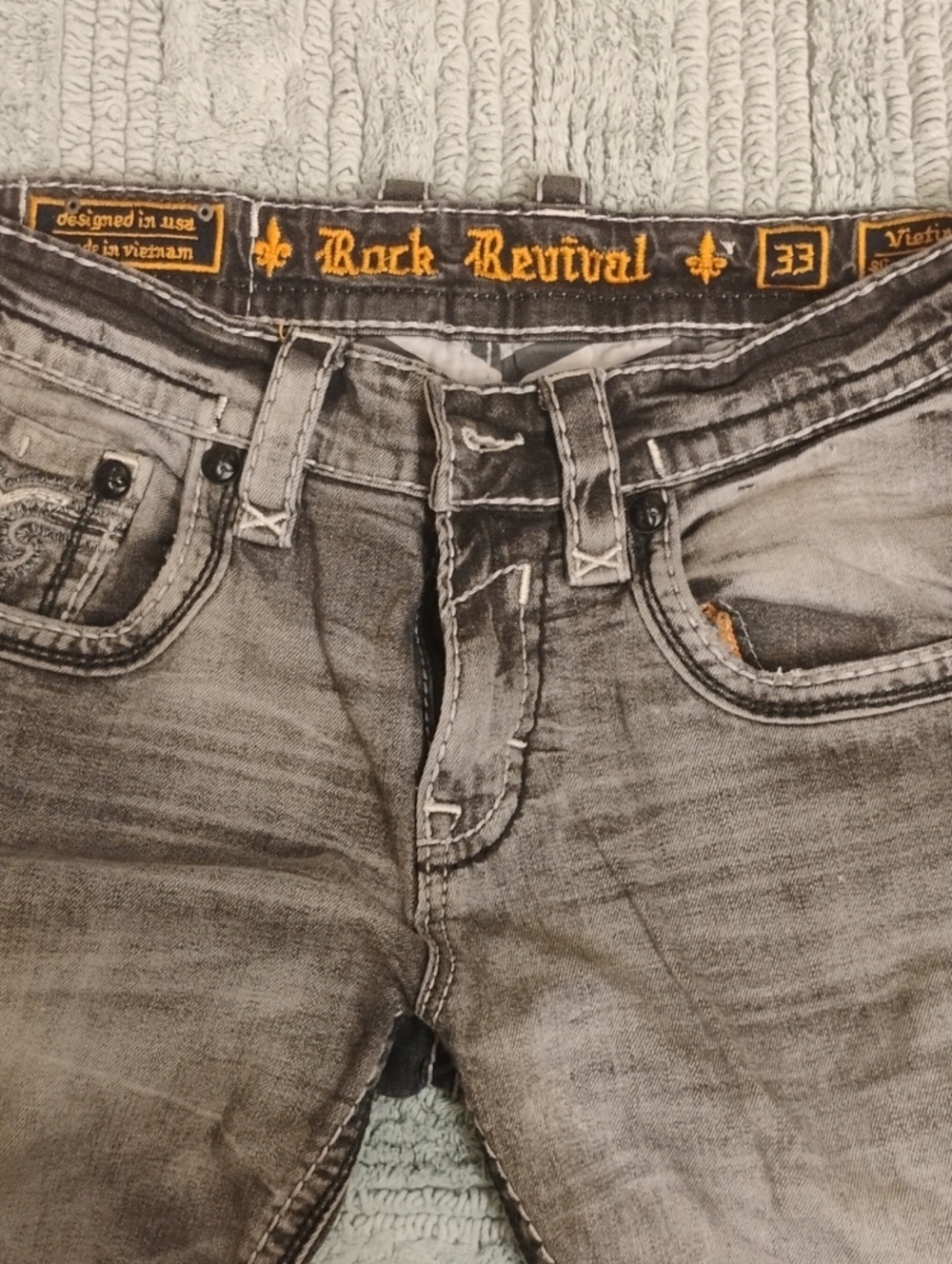 Rock Revival Men's Washed Gray Relaxed Jeans with Orange Logo